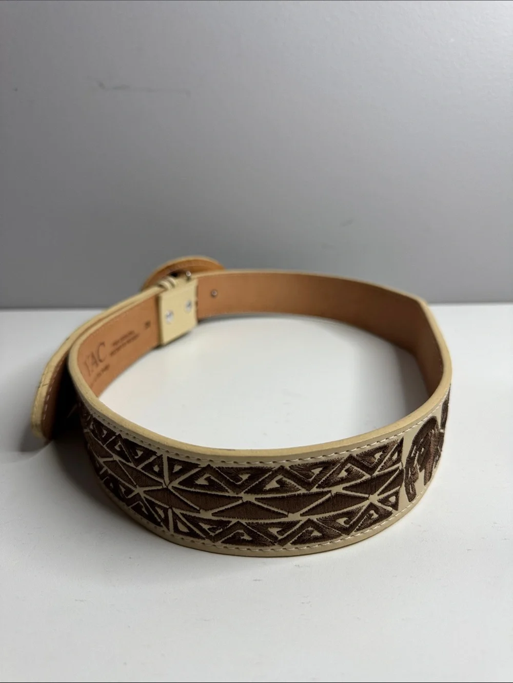 YAC Genuine Leather Horse Western Belt Cream & Brown Embroidered Size 38